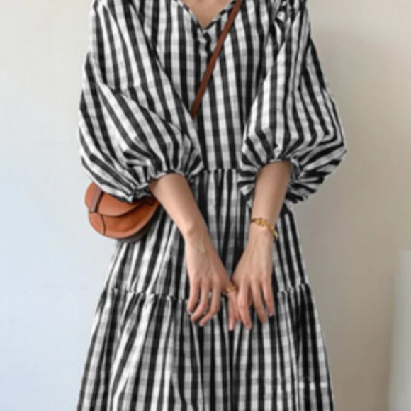 Puff Sleeve Grid V-neck Pleats Casual Dress - Picture 1 of 1